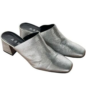 Vintage‎ Y2K ASKA Metallic Silver Leather Block Heel Mules Slides Shoes 8.5 39